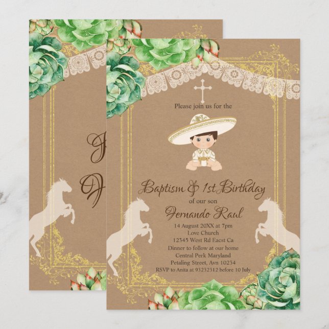 Convites Kraft Cactus Fiesta Baptism e Primeiro Aniversário (Frente/Verso)