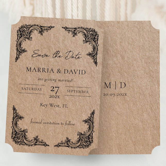 Convites Kraft Floral Barroco Quadro Data de Salvamento Ini (Kraft Floral Baroque Frame Save the Date Initials Invitation)