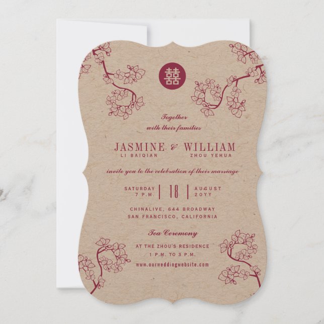 Convites Kraft & Flores de Ameixa Vermelhas 囍 Casamento Mod (Frente)
