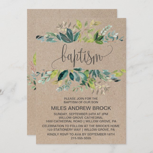 Convites Kraft Foliage Baptism (Frente/Verso)