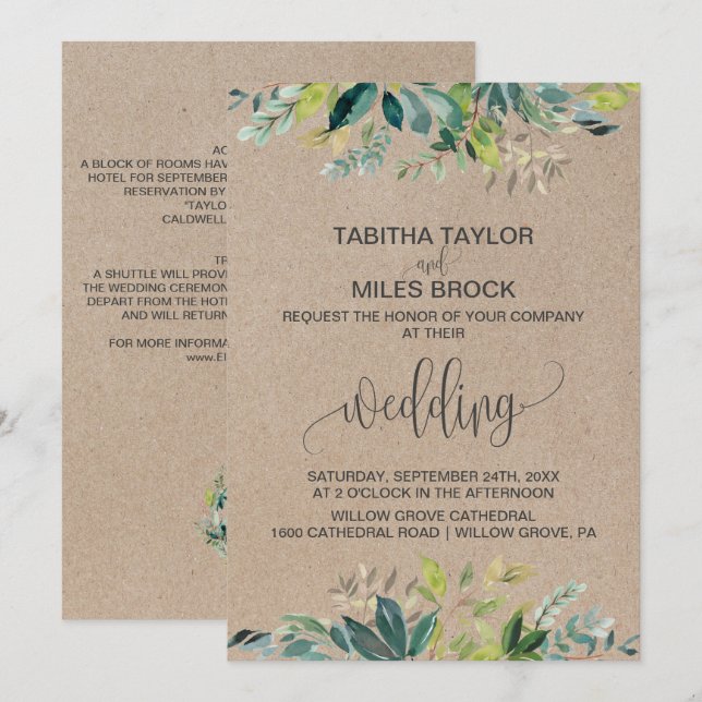 Convites Kraft Foliage | Monograma e Pormenores de Casament (Frente/Verso)