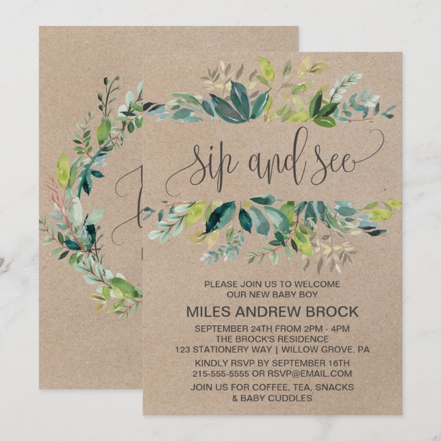 Convites Kraft Foliage Sip and See (Frente/Verso)