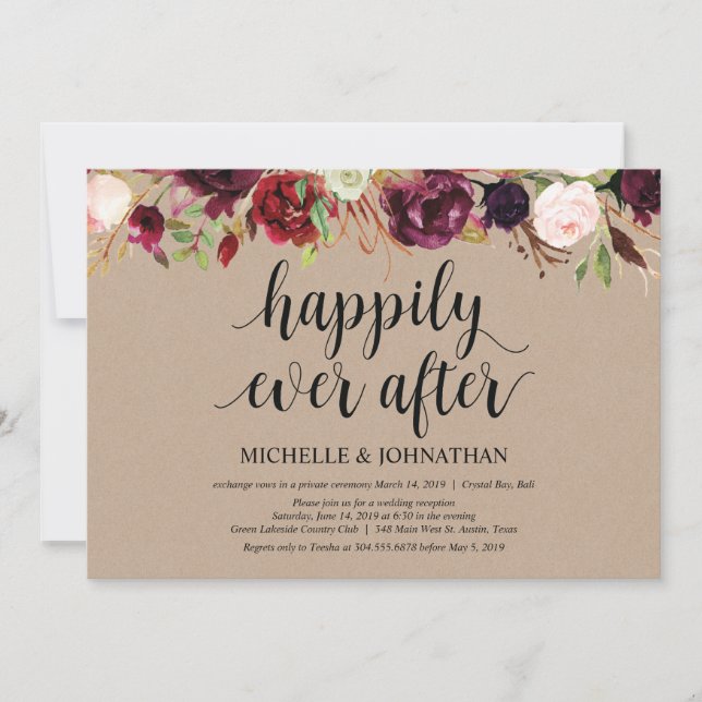 Convites Kraft para Recepção de Casamento Floral B (Frente)
