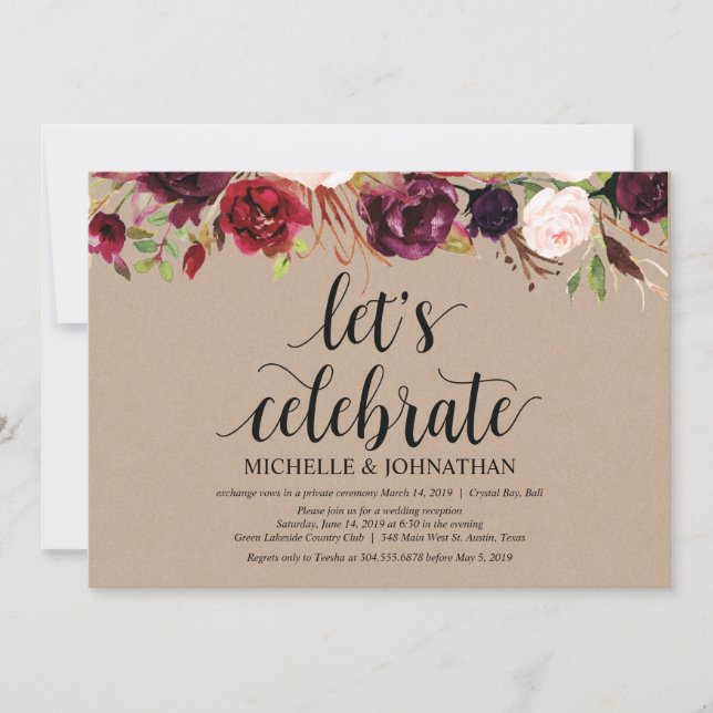 Convites Kraft para Recepção de Casamento Floral B (Frente)