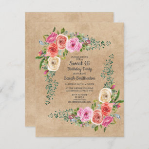 Convites Kraft Pink Ivory Watercolor Floral Sweet 16
