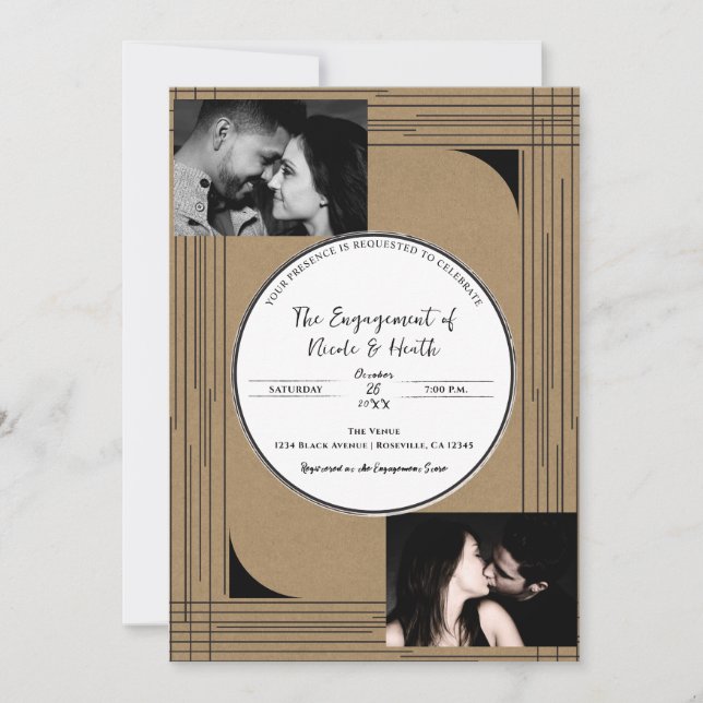 Convites Kraft Preto Linhas Modernas Mínimas de Noivado (Frente)