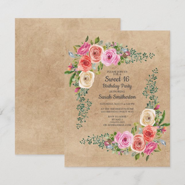 Convites Kraft Rosa Marfim Aquarela Floral Doce 16 (Frente/Verso)