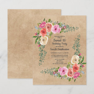 Convites Kraft Rosa Marfim Aquarela Floral Doce 16