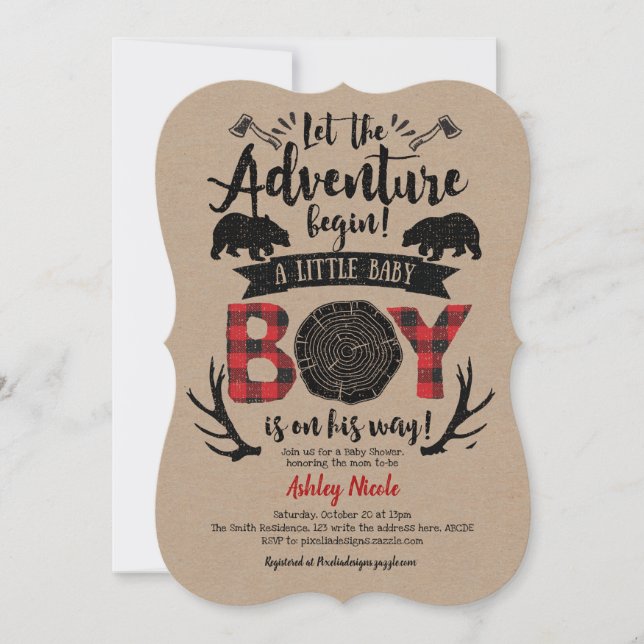 Convites Kraft, Rustic, Lumberjack, Xadrez de Buffalo, Baby (Frente)