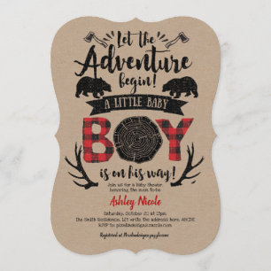 Convites Kraft, Rustic, Lumberjack, Xadrez de Buffalo, Baby