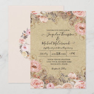 Convites Kraft Sem Muda, Blush Cor-de-Água Rosa, Rosa Flora