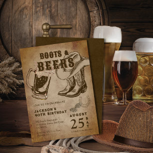 Convites Kraft Sketch Western Cowboy Boots & Beers Aniversá