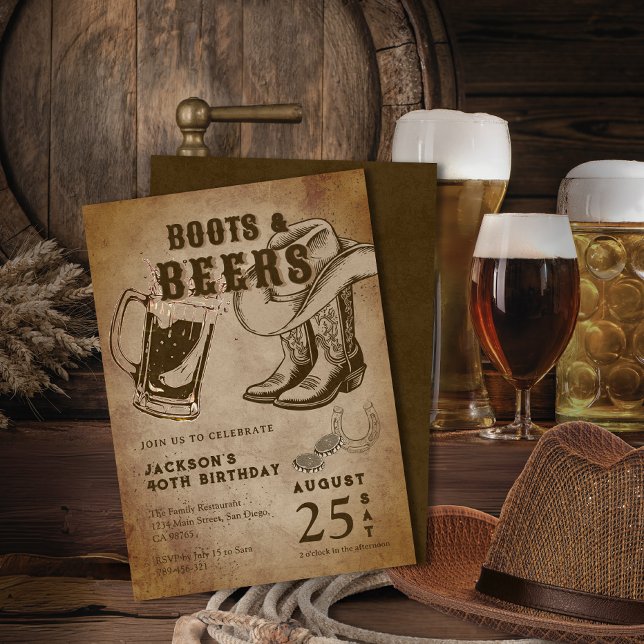 Convites Kraft Sketch Western Cowboy Boots & Beers Aniversá (Kraft Sketch Western Cowboy Boots & Beers Birthday Invitation)
