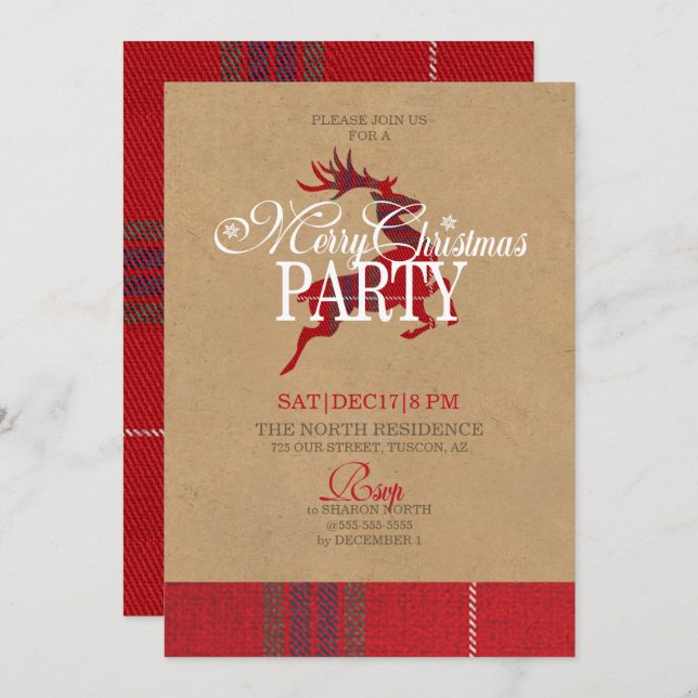 Convites Kraft & Tartan Reindeer do Partido de Natal ID589 (Frente/Verso)