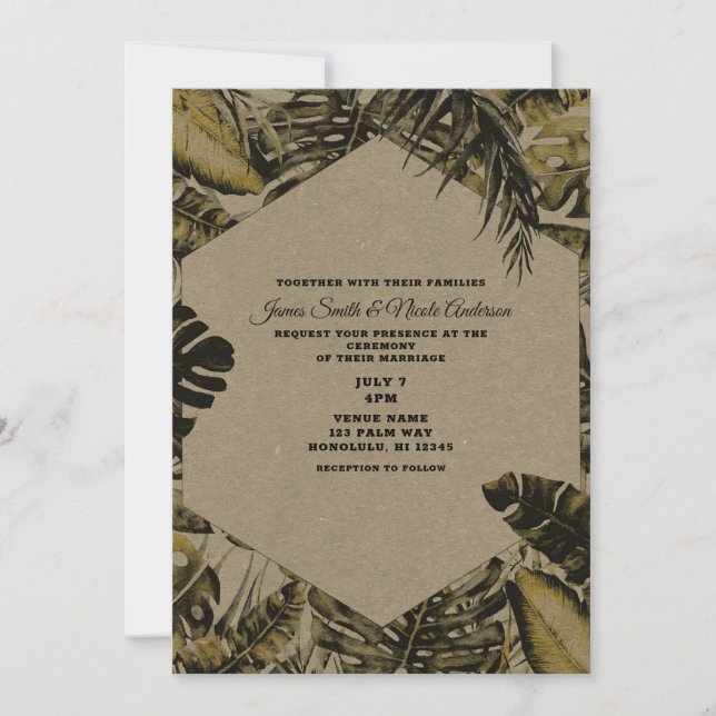 Convites Kraft Verde Folhas de Palmeira Tropical Casamento  (Frente)