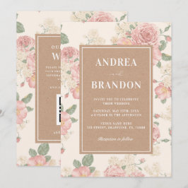 Convites Kraft Vintage Pink Rose Garden QR Code Wedding