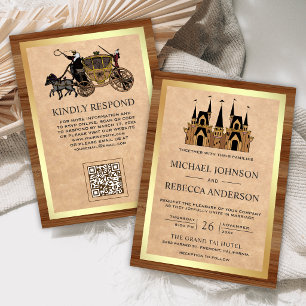 Convites Kraft Wood Conto de Fadas Castelo Código QR Casame