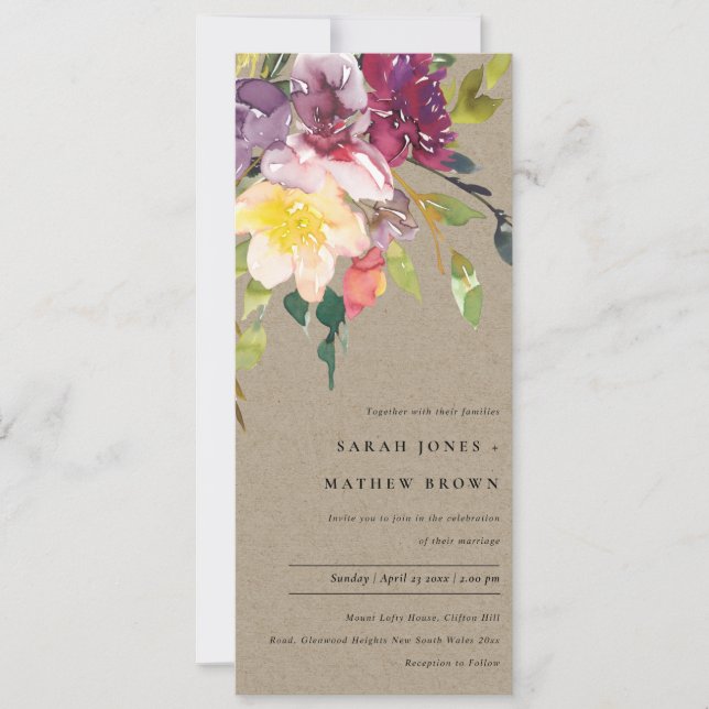 CONVITES KRAFT YELLOW BLUSH BURGUNDY FLORAL WEDDING (Frente)