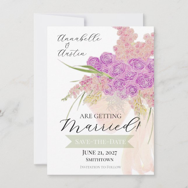 Convites La Boca Rosa Bouquet Save-The-Date com laço transp (Frente)