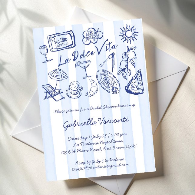 Convites La dolce vita blue stripes Italian bridal shower (La dolce vita blue stripes Italian bridal shower Invitation cards template blue stripes hand drawn)