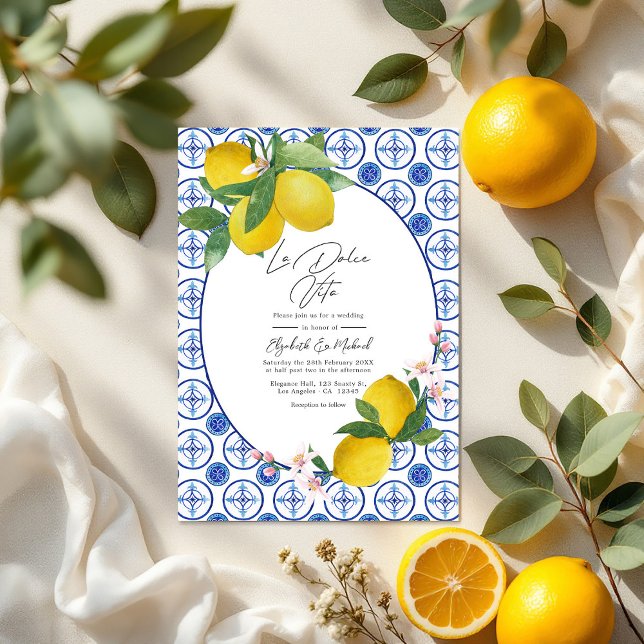 Convites La Dolce Vita Italiana Lemon Azulejos Casamento Có (La Dolce Vita Italian Lemon Tiles Wedding QR Code Invitation)