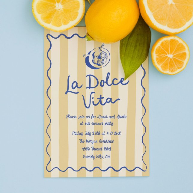 Convites La Dolce Vita Lemons - Festa italiana de Verão (La Dolce Vita party invitation template with yellow stripes and hand drawn doodles)