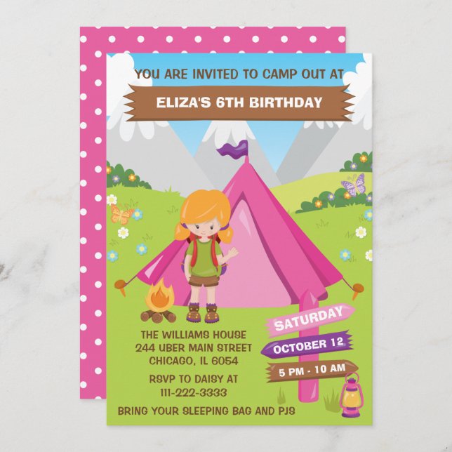 Convites Lá fora Acampando Festa de aniversário Red Hair Gi (Frente/Verso)