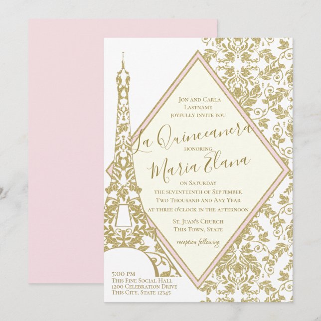 Convites La Quinceanera Blush e Dourada Torre Damask Eiffel (Frente/Verso)