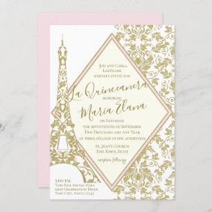 Convites La Quinceanera Blush e Dourada Torre Damask Eiffel