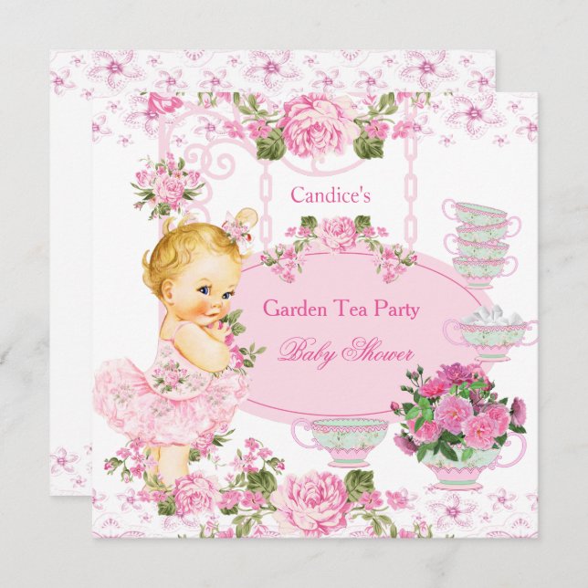 Convites Lã rosa-rosa-rendas do chá de fraldas Jardim Tea P (Frente/Verso)