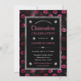Convites Lábios com Brilho Rosa e Preto Padrão Quinceanera