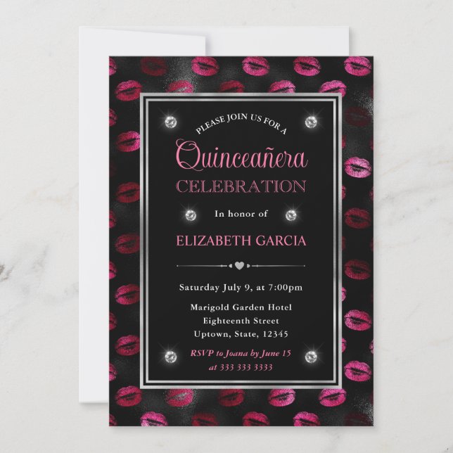 Convites Lábios com Brilho Rosa e Preto Padrão Quinceanera (Frente)