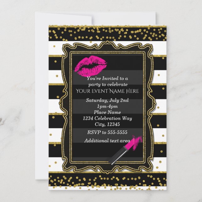 Convites Lábios de batom dourado Confete & Listras Glamour (Frente)