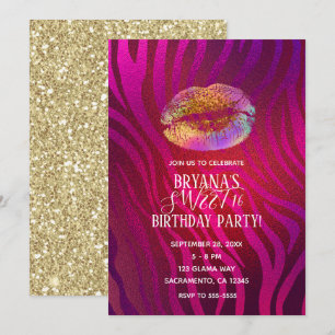 Convites Lábios de Purpurina Dourada Arco-íris Zebra Rosa Q