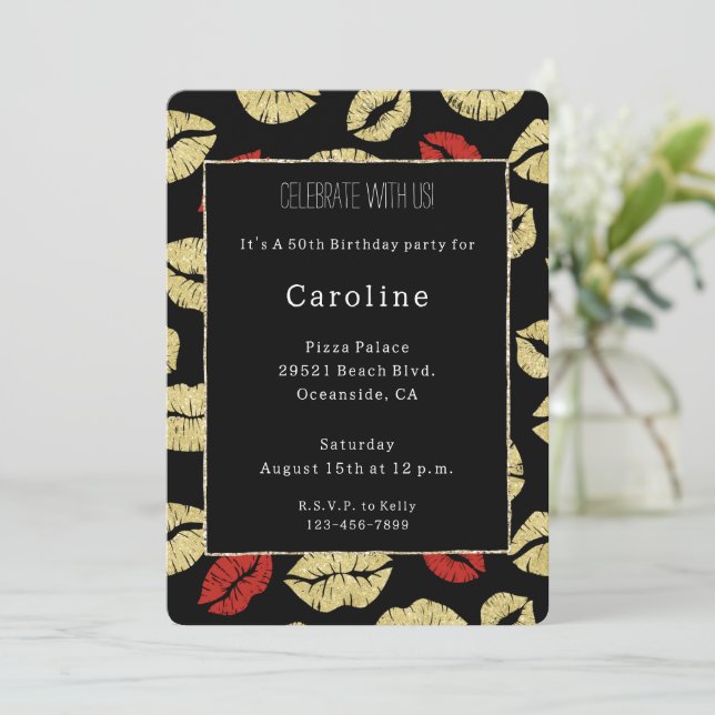 Convites Lábios Dourados de Preto Vermelho 50º aniversário (Em pé/Frente)