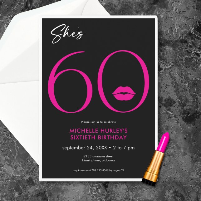 Convites Lábios Mínimos Modernos Rosa Ela faz Sessenta Aniv (Modern Minimal Pink Lips She's Sixty Birthday Invitation)