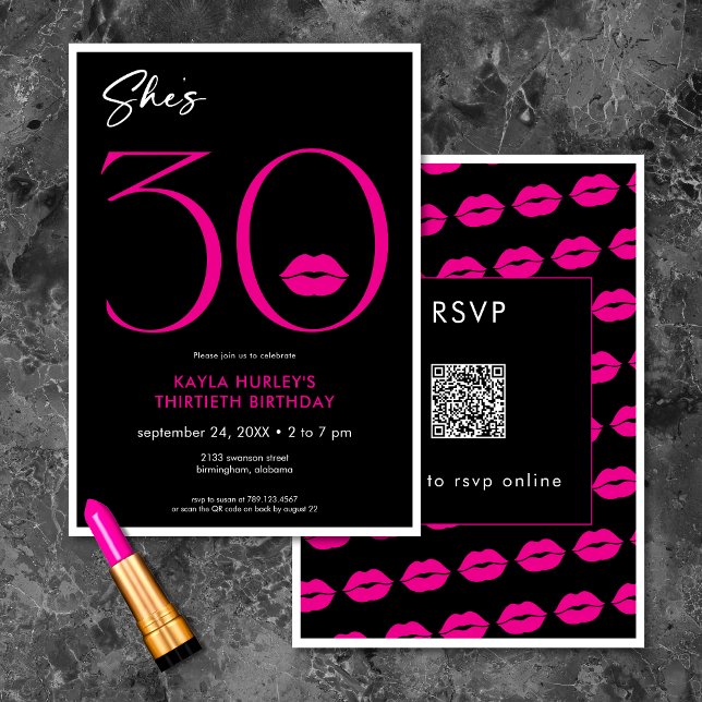 Convites Lábios Mínimos Modernos Rosa Ela tem 30 anos de QR (Modern Minimal Pink Lips She's Thirty Birthday QR Invitation)