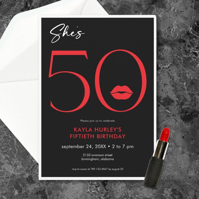 Convites Lábios Vermelhos Mínimos Modernos Ela é 50 Anivers (Modern Minimal Red Lips She's Fifty Birthday Invitation)