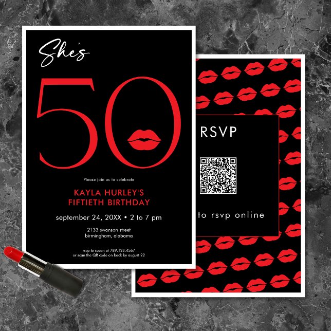 Convites Lábios Vermelhos Mínimos Modernos Ela é 50 Anivers (Modern Minimal Red Lips She's Fifty Birthday QR Invitation)