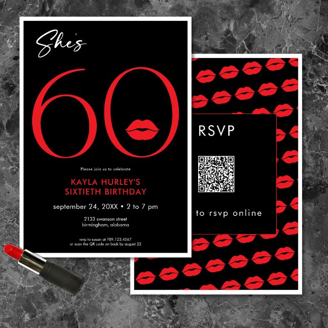 Convites Lábios Vermelhos Mínimos Modernos Ela é 60 Anivers (Modern Minimal Red Lips She's Sixty Birthday QR Invitation)