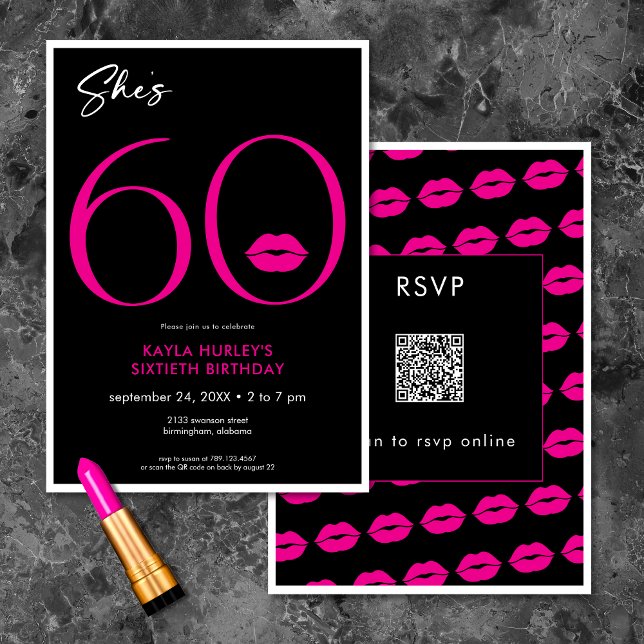 Convites Lábios Vermelhos Mínimos Modernos Ela é 60 Anivers (Modern Minimal Pink Lips She's Sixty Birthday QR Invitation)