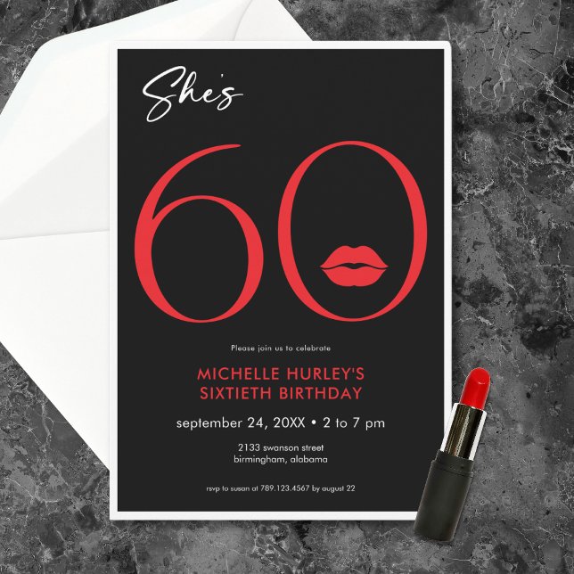 Convites Lábios Vermelhos Mínimos Modernos Ela é Sessenta A (Modern Minimal Red Lips She's Sixty Birthday Invitation)