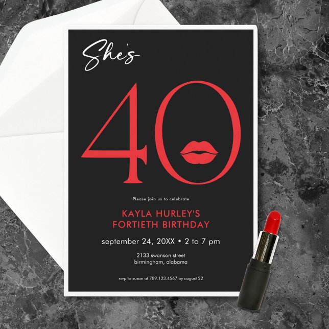Convites Lábios Vermelhos Mínimos Modernos Ela Está Fazendo (Modern Minimal Red Lips She's Forty Birthday Invitation)