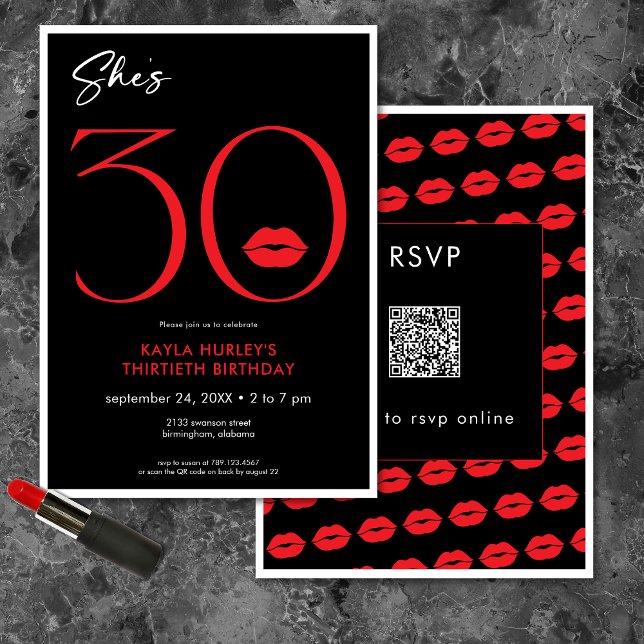 Convites Lábios Vermelhos Mínimos Modernos Ela tem 30 anos  (Modern Minimal Red Lips She's Thirty Birthday QR Invitation)