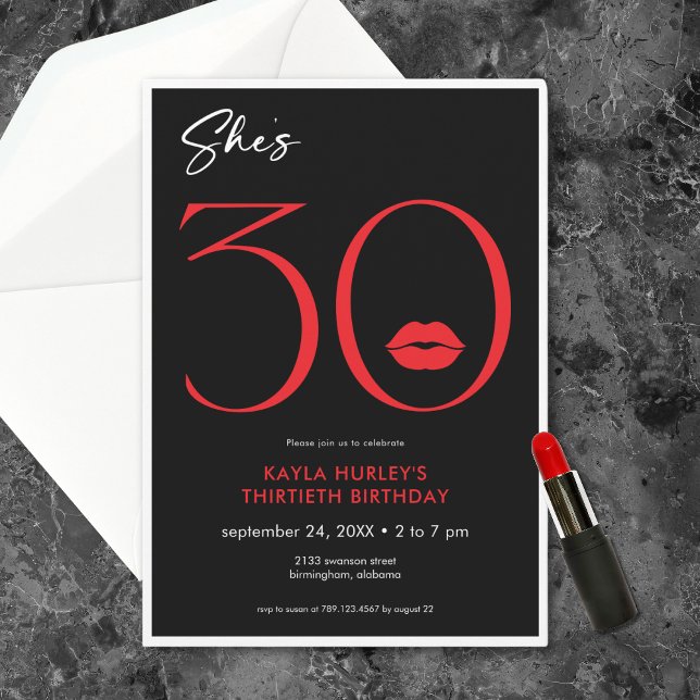 Convites Lábios Vermelhos Mínimos Modernos Ela tem Trinta A (Modern Minimal Red Lips She's Thirty Birthday Invitation)