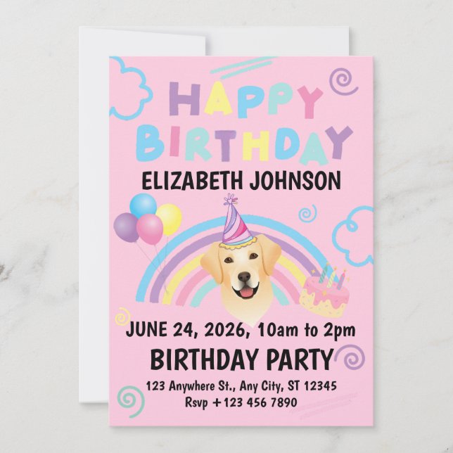 Convites Labrador Retriever Birthday Party Invitation Pink (Frente)