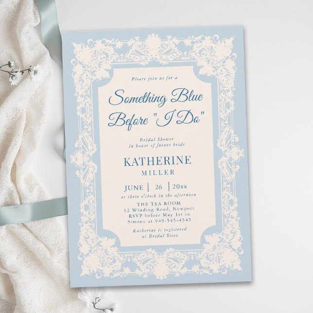 Convites Lace Azul Algo Moderno Clássico Chá de Noiva (something blue bridal shower ideas modern classic invitation lace frame elegant brunch tea template)