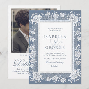 Convites Lace Azul Empoeirado Lace Old Money QR Foto Casame