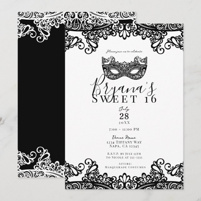 Convites Lace Branca e Preta Festa de Máscaras Sweet 16 (Frente/Verso)