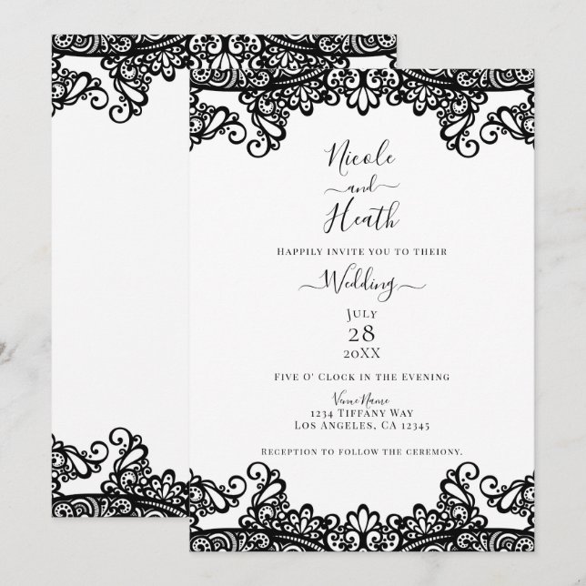 Convites Lace Branco e Preto Casamento Elegante (Frente/Verso)